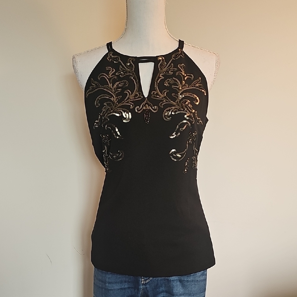 WHBM Elegant Black Embellished Halter Top